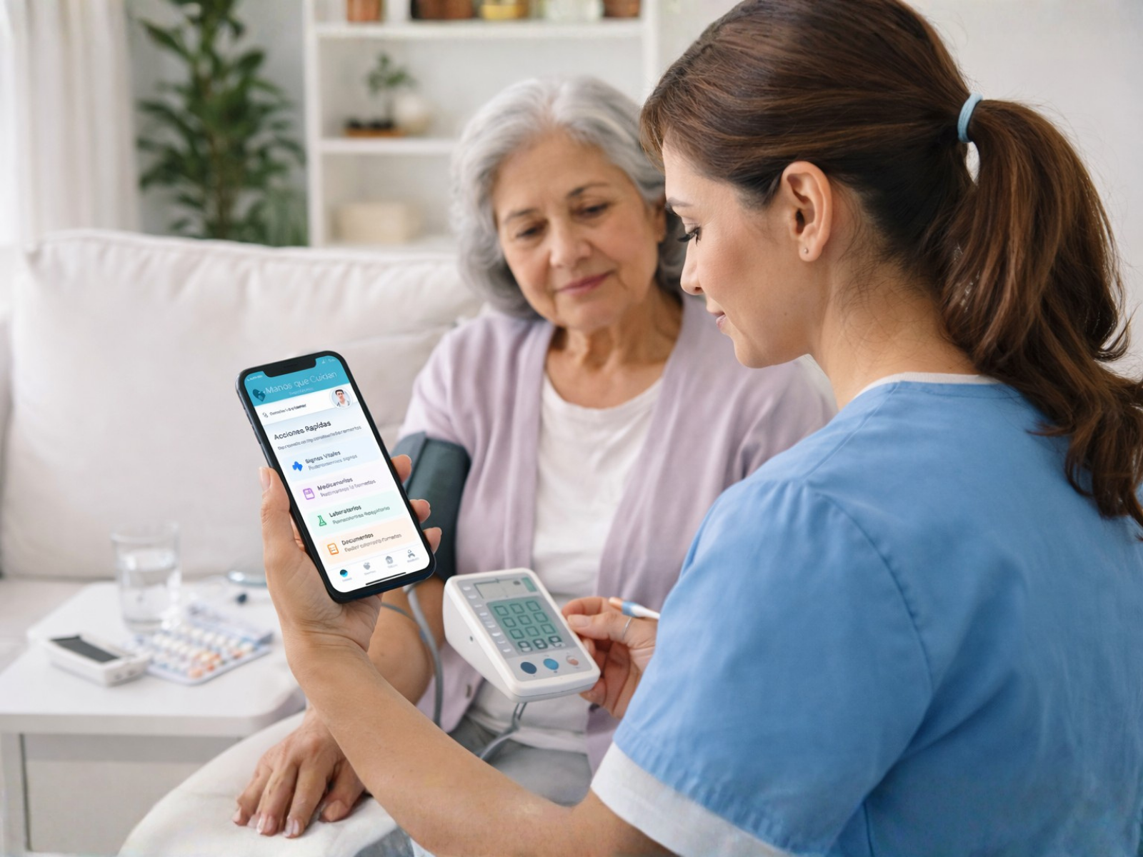 Cuidadora revisando registros de salud en la app